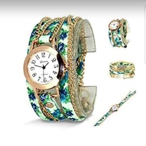 Geneva Women's Watch with Blue Floral Wrap and Gold Accents